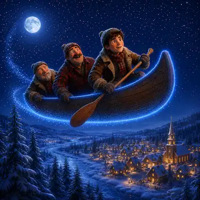 Cover image for The Flying Canoe showing Baptiste, Pierre and Old Henri flying over a snowy Quebec village