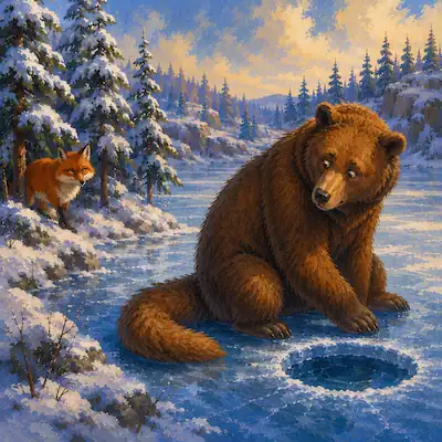 Cover image for How the Bear Lost Its Tail with Bear, Fox and a frozen Canadian forest lake