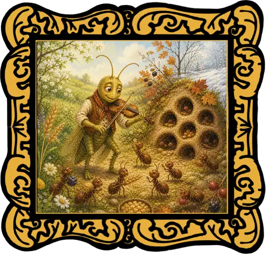 Read-aloud image for The Ants & the Grasshopper Aesop’s fable, showing Jasper Grasshopper playing his fiddle beside ants carrying food, surrounded by a gold frame.