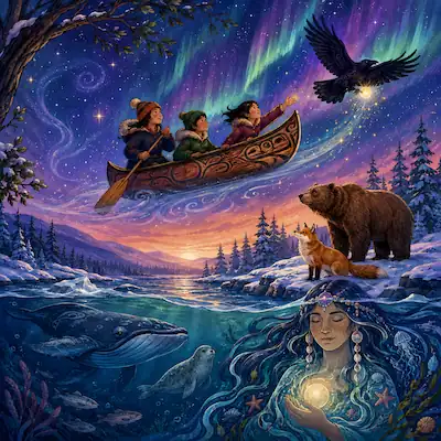 Illustrated Canadian stories scene with a flying canoe, raven, bear, fox, Arctic sea animals and northern lights