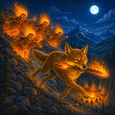 How Coyote Stole Fire cover showing Coyote racing from the Fire Beings with a burning stick