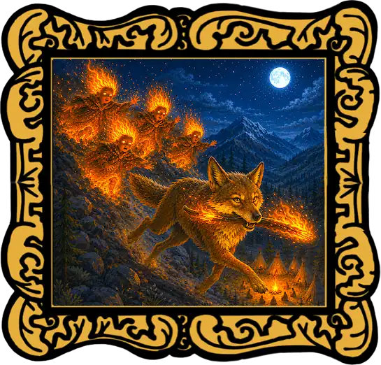 How Coyote Stole Fire read-aloud audio cover showing Coyote running with fire from the Fire Beings