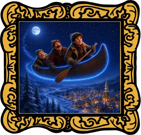 Read-aloud cover for The Flying Canoe with a gold frame around the glowing canoe flying over Quebec