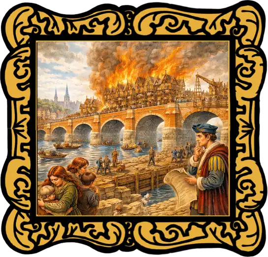 London Bridge is Falling Down read aloud cover showing the bridge, fire, smoke, boats and a watchman holding plans inside a gold frame