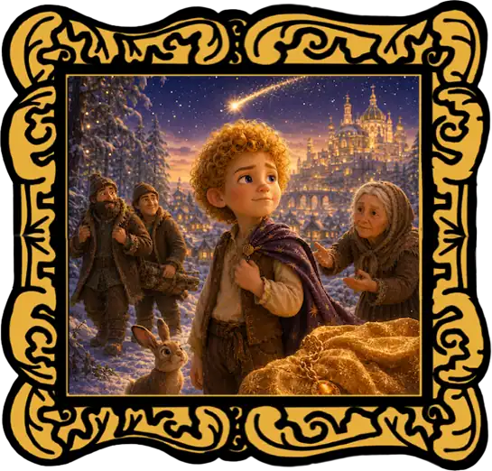 The Star Child by Oscar Wilde audio read-aloud cover showing the Star-Child, the golden cloak, the poor old woman, woodcutters and a falling star.
