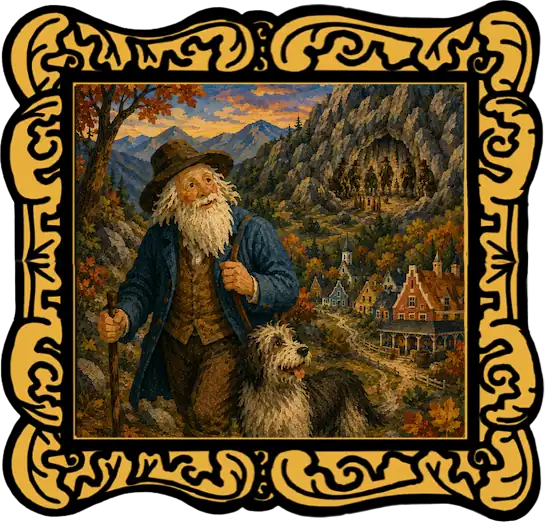 Gold-framed read-aloud image for Rip Van Winkle showing Rip and Wolf above the village and the Catskill Mountains.