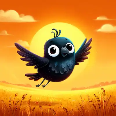 A cheerful black crow flies in front of a glowing orange sun over golden fields in The Crow and the Pitcher.