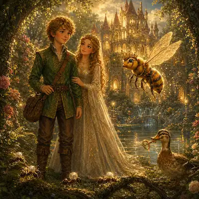 The youngest prince and princess stand near a glowing castle with the queen bee and a duck in this Brothers Grimm fairy tale illustration.