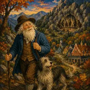 Rip Van Winkle walking with his dog Wolf above a Dutch village in the autumn Catskill Mountains, with the mysterious ninepins players in a rocky hollow beyond.