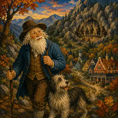 Rip Van Winkle walking with his dog Wolf above a village in the Catskill Mountains.