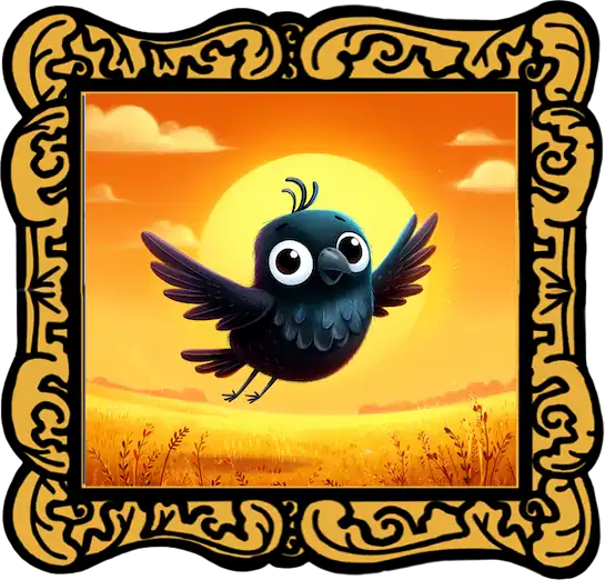 Gold-framed cover image for The Crow and the Pitcher read-aloud, showing a cheerful black crow flying over golden fields at sunset.