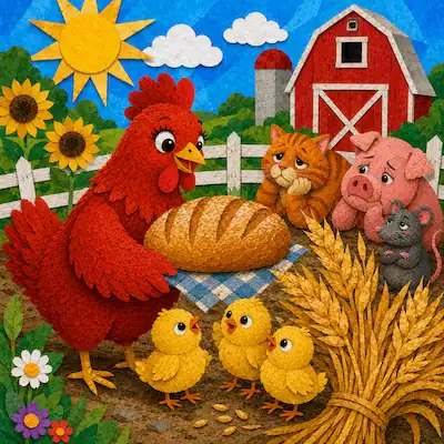 The Little Red Hen classic fable cover showing the hen, chicks, bread, wheat and barnyard animals