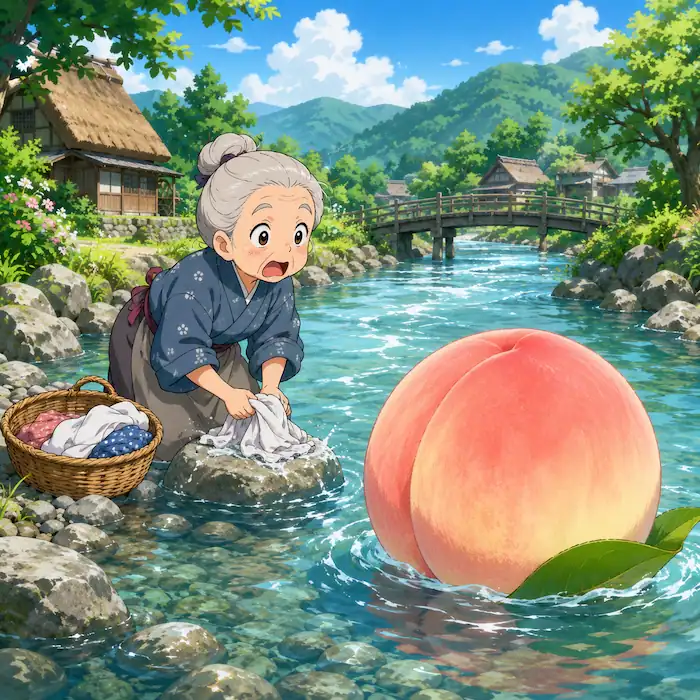 Momotaro: The Peach Boy Japanese folk tale scene with an old woman washing clothes as a giant peach floats down the river.