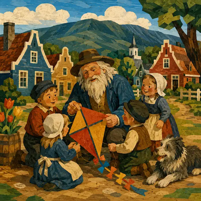 Rip Van Winkle helps village children fix a bright kite while his dog Wolf rests beside them in a Dutch village below the Catskill Mountains.