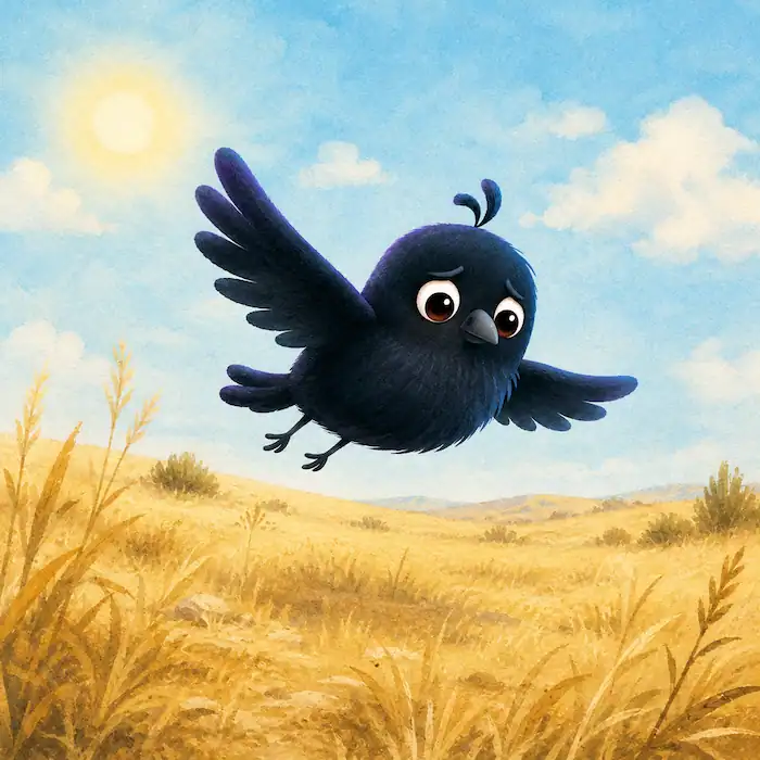 A thirsty black crow flies over dry golden fields under a bright blue sky in The Crow and the Pitcher.