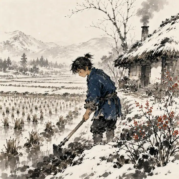 Haru working beside a snowy rice field near his cottage in The Grateful Crane Japanese folk tale