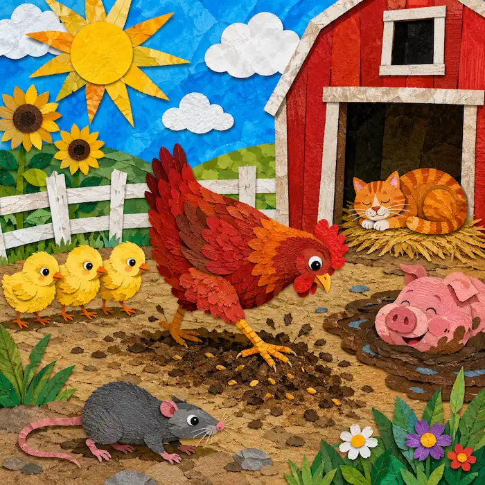 The Little Red Hen in a sunny barnyard with her chicks, a cat, a pig and a rat