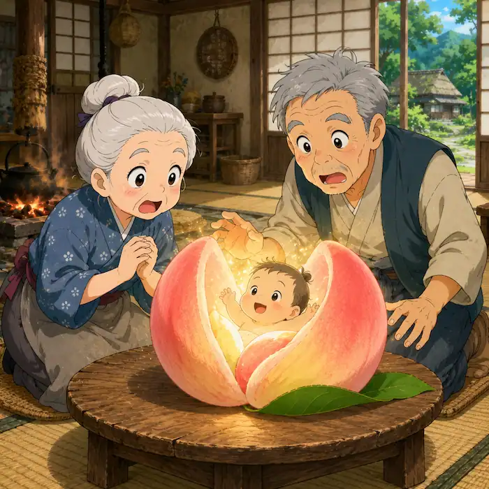 Momotaro: The Peach Boy scene showing an elderly Japanese couple discovering a baby inside a glowing peach at home.