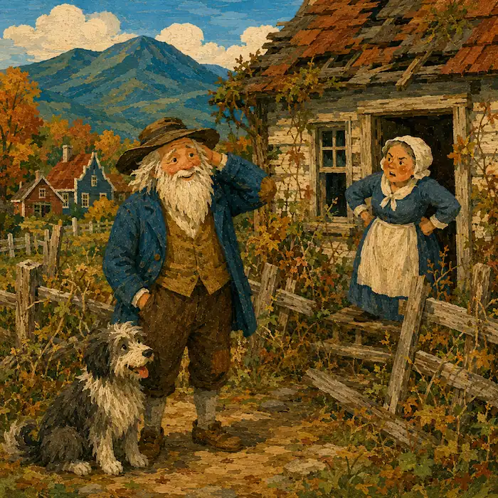 Rip Van Winkle stands with Wolf beside a broken fence while Dame Van Winkle waits in the doorway of their untidy cottage.