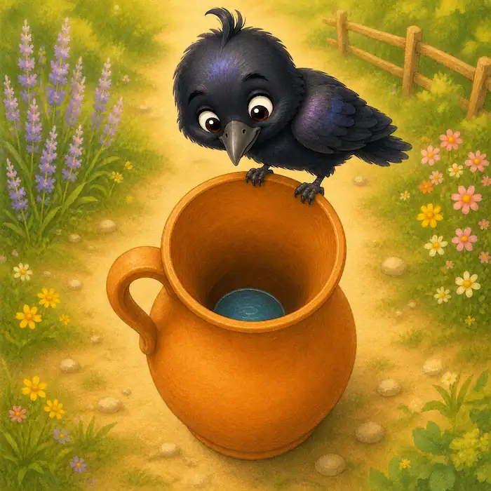 The crow stands on the rim of a tall clay jug and looks down at the water far below.