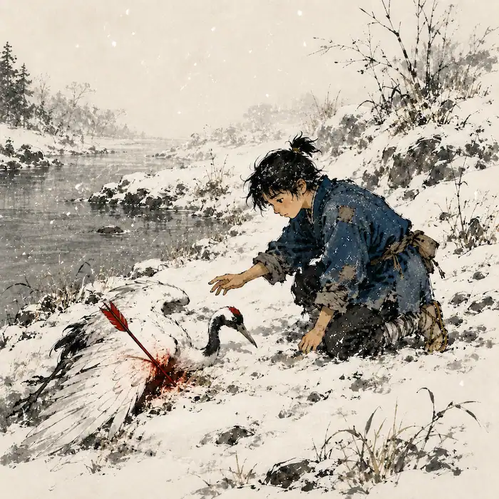 Haru kneeling beside an injured white crane with an arrow in its wing beside a snowy riverbank