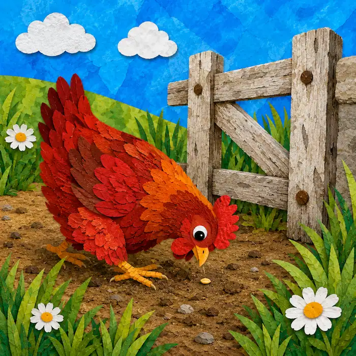 The Little Red Hen finding a small wheat seed near an old wooden gate