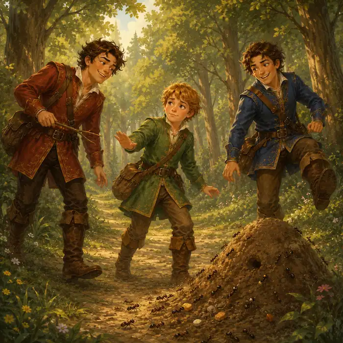 The youngest prince stops his older brothers from disturbing an anthill in the forest in The Queen Bee by the Brothers Grimm.