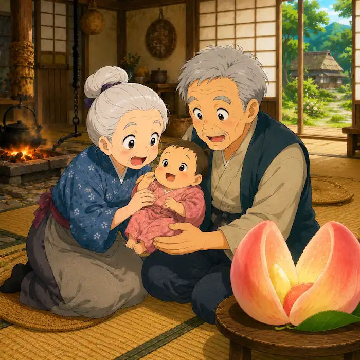 Momotaro: The Peach Boy Japanese folklore image with the old couple happily holding baby Momotaro beside the open peach.