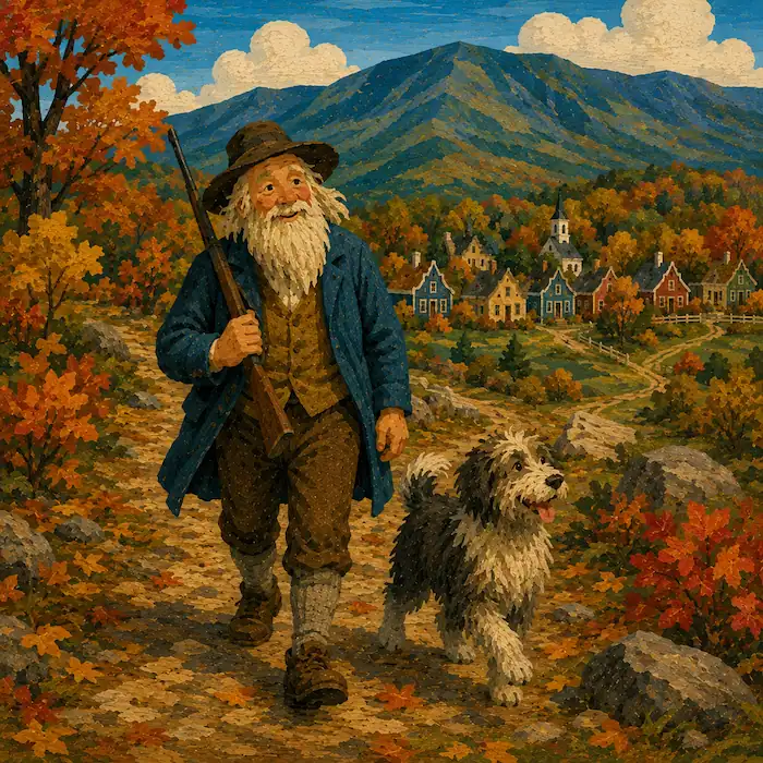 Rip Van Winkle carries his musket and walks with Wolf along an autumn mountain path above the village.