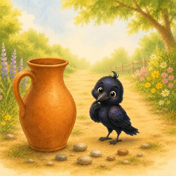 The crow stands beside a tall clay pitcher and looks thoughtfully at small pebbles on the garden path.