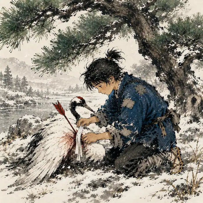 Haru gently bandaging the injured crane beneath a pine tree in The Grateful Crane Japanese folktale