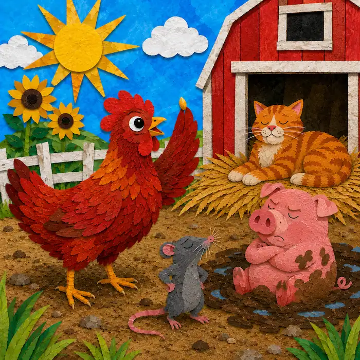 The Little Red Hen asking the cat, pig and rat to help plant the wheat seed