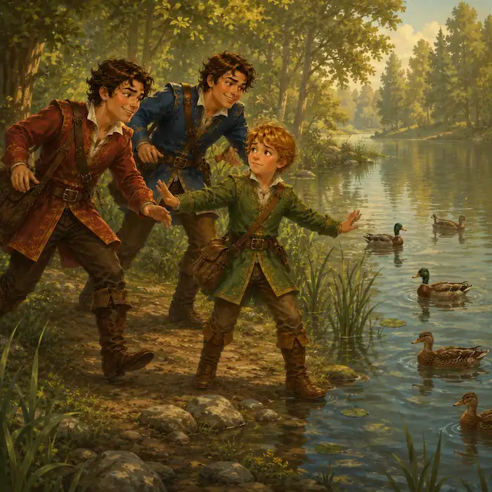 The youngest prince protects ducks on a forest lake from his older brothers in this Brothers Grimm fairy tale scene.