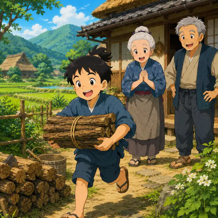 Momotaro: The Peach Boy illustration of young Momotaro carrying firewood while his proud parents watch near rice fields.