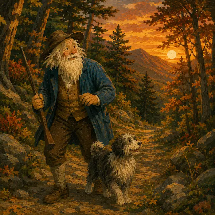 Rip Van Winkle and Wolf pause nervously on a forest path at sunset after hearing a strange voice call from the mountains.