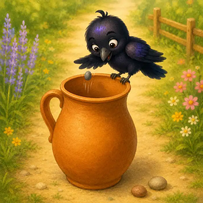 The crow drops a gray pebble into a clay pitcher as he tries to raise the water.