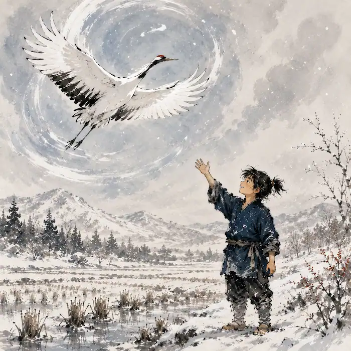 The healed white crane flying above Haru in a snowy Japanese landscape after he saves it