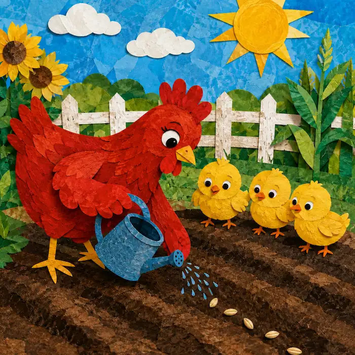 The Little Red Hen planting and watering wheat seeds while three chicks watch