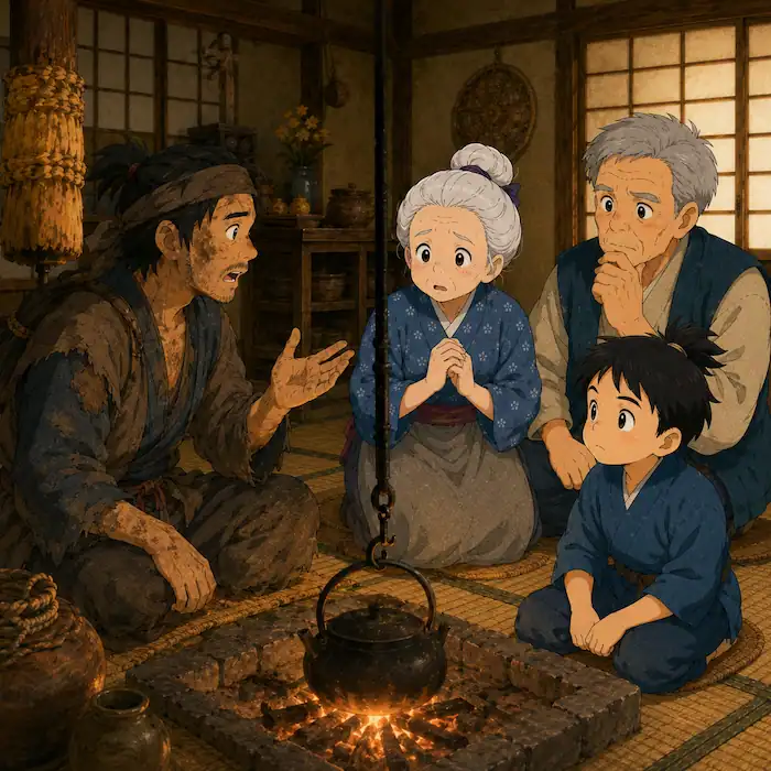 Momotaro: The Peach Boy scene with a tired traveller telling Momotaro and his parents about the oni of Ogre Island.