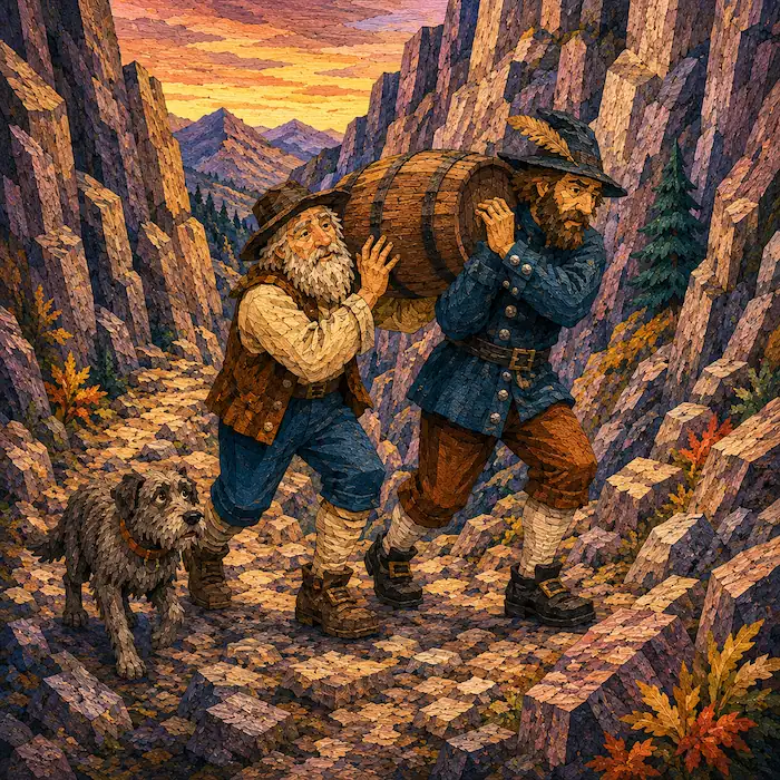 Rip Van Winkle helps a stern stranger in old Dutch clothes carry a wooden keg through a narrow rocky mountain pass while Wolf follows behind.