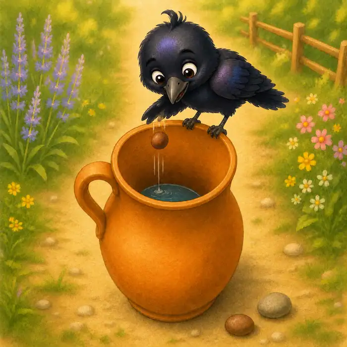 The crow drops a brown stone into the clay pitcher, where the water is starting to rise.
