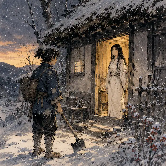 Yuki standing in Haru’s cottage doorway at dusk in The Grateful Crane Japanese folk tale