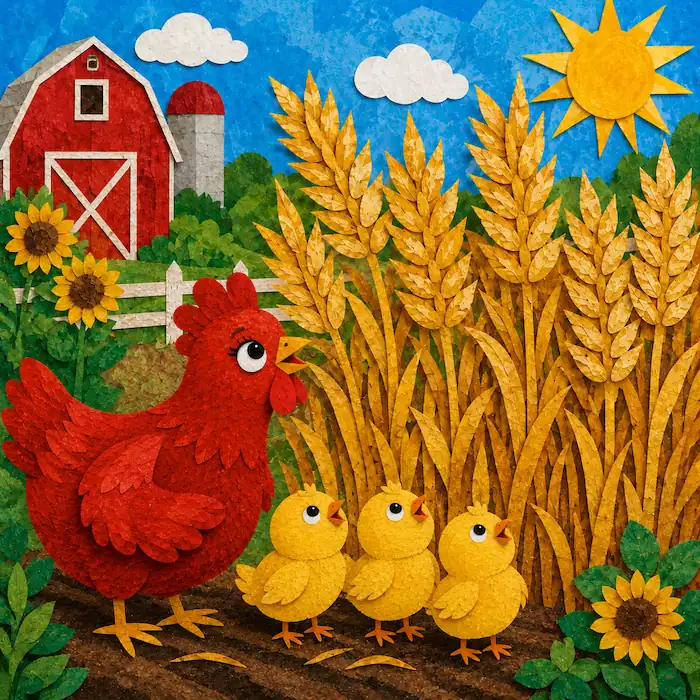 The Little Red Hen and her chicks admiring tall golden wheat in the barnyard