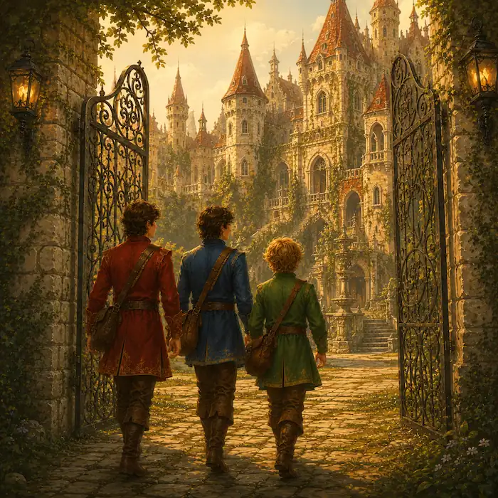 The three brothers enter the open gates of a silent enchanted castle in The Queen Bee Grimm fairy tale.