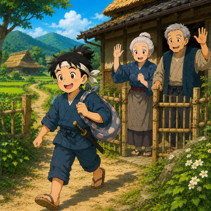 Momotaro: The Peach Boy Japanese folk tale image of Momotaro leaving home with kibidango as his parents wave goodbye.