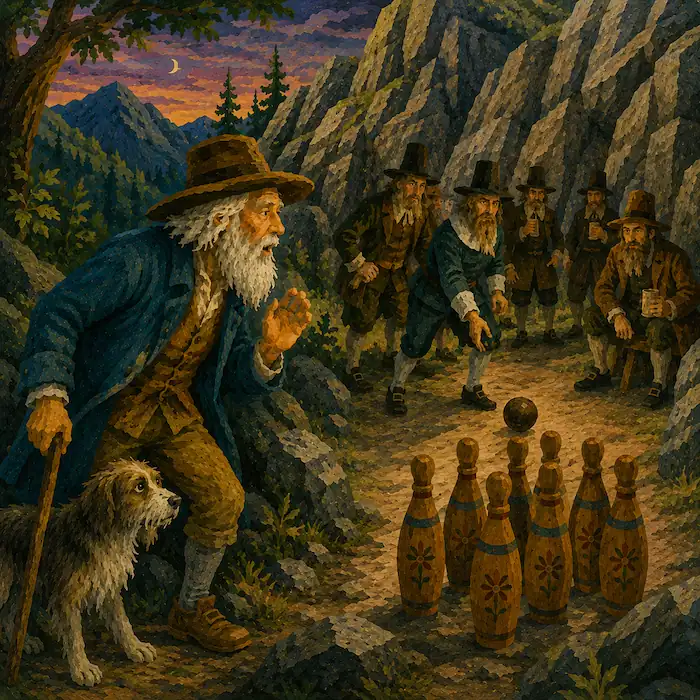 Rip Van Winkle and Wolf discover solemn Dutchmen playing ninepins in a moonlit rocky hollow in the Catskill Mountains.