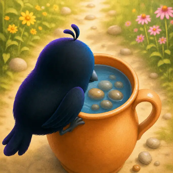 The crow looks into a clay pitcher filled with pebbles as the water rises close to the top.