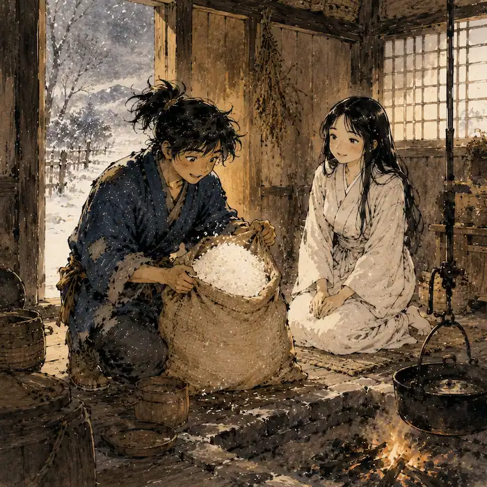 Yuki watching as Haru opens a full sack of rice inside their warm cottage