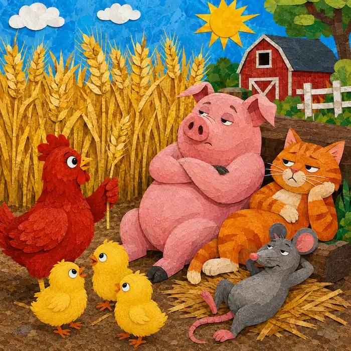 The Little Red Hen holding wheat while the cat, pig and rat refuse to help