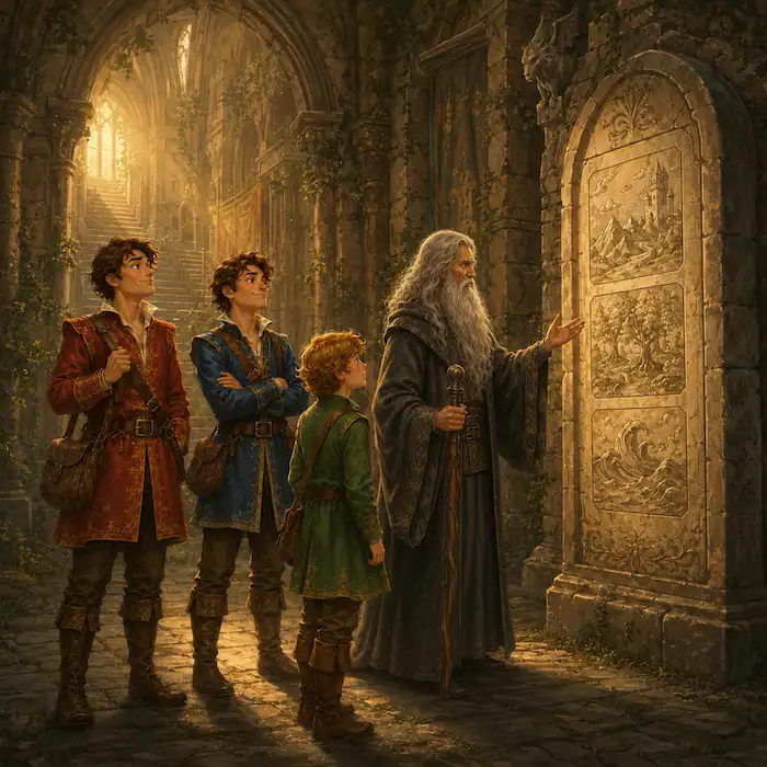 An old gray man shows the three princes a stone tablet with the tasks that can wake the enchanted castle.